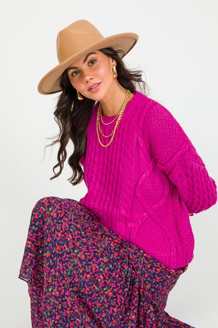 &merci 3/4 & Long Sleeve | Cable Texture Sweater, Fuchsia