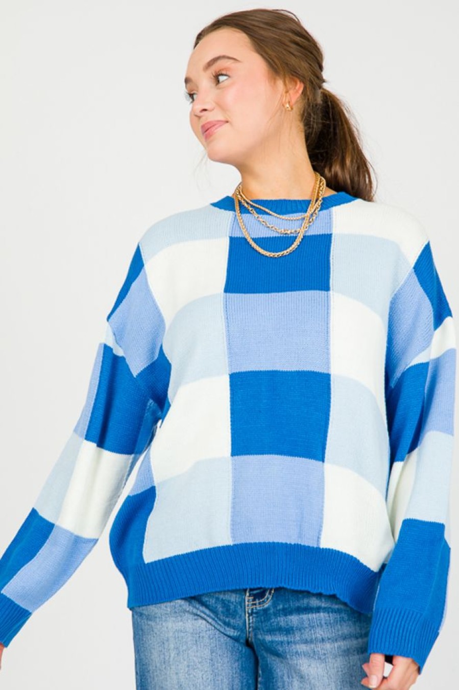 Le Lis 3/4 & Long Sleeve | Checker Sweater, Blue Multi