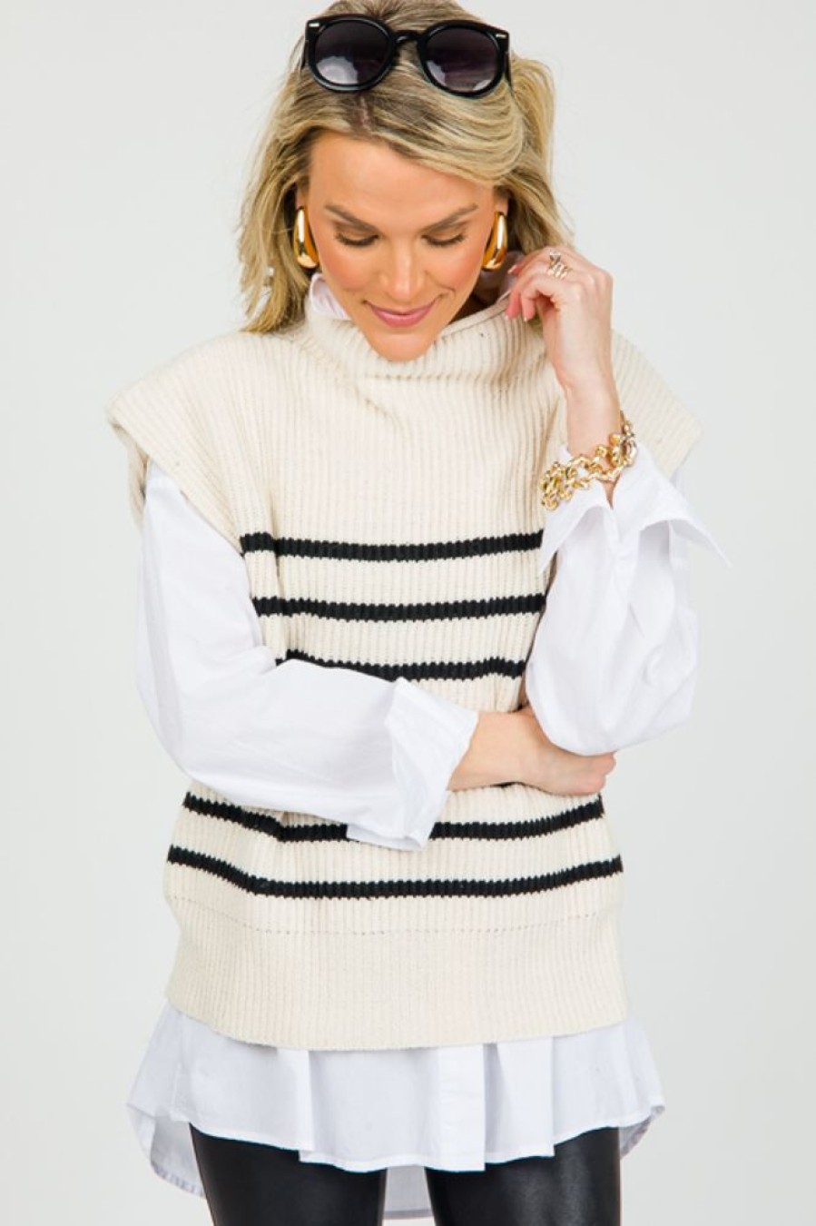 Le Lis Short Sleeve & Sleeveless | Nova Sweater Vest, Cream/Black Stripe