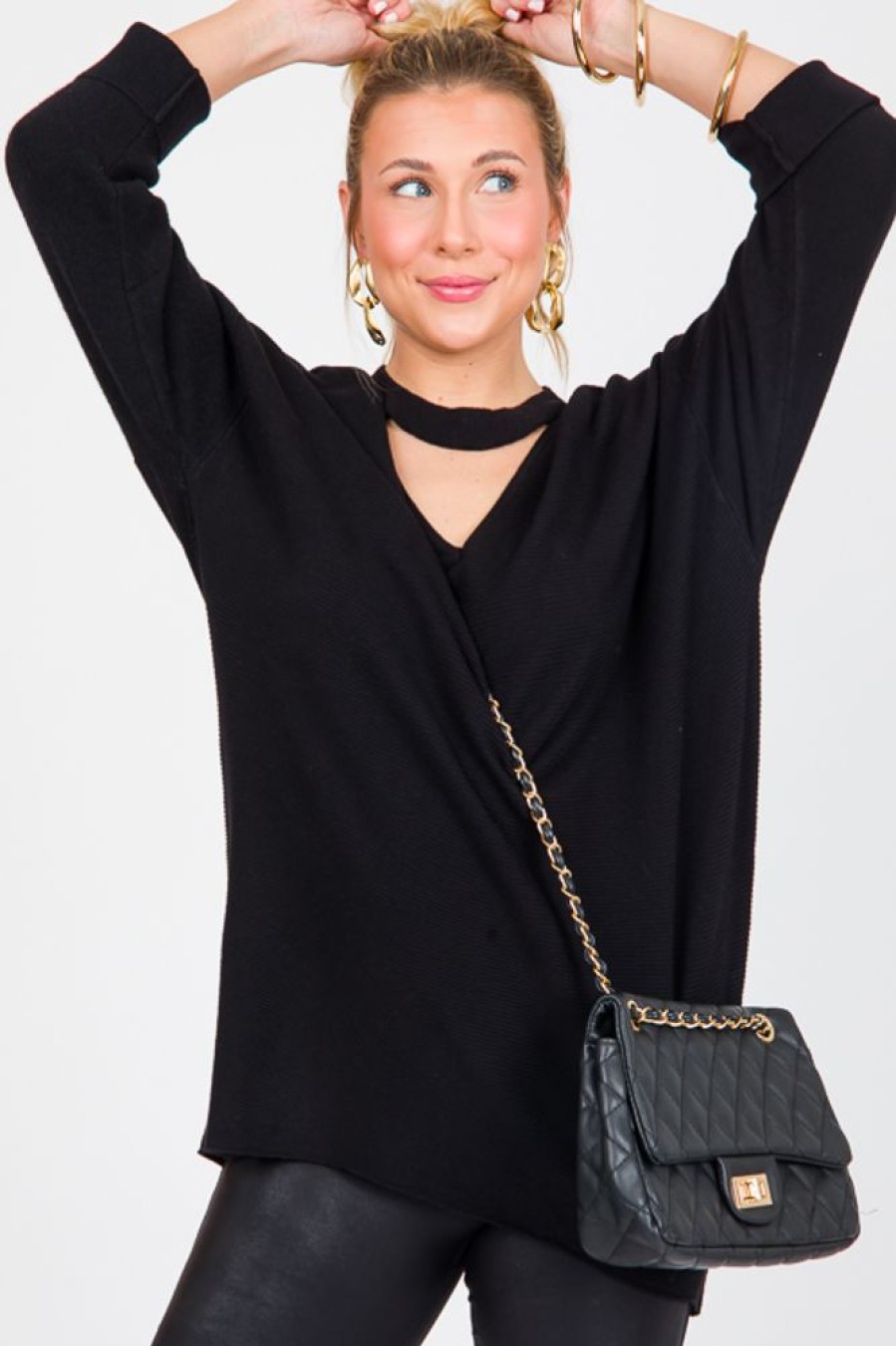 Jodifl 3/4 & Long Sleeve | Cut Out Rib Sweater, Black