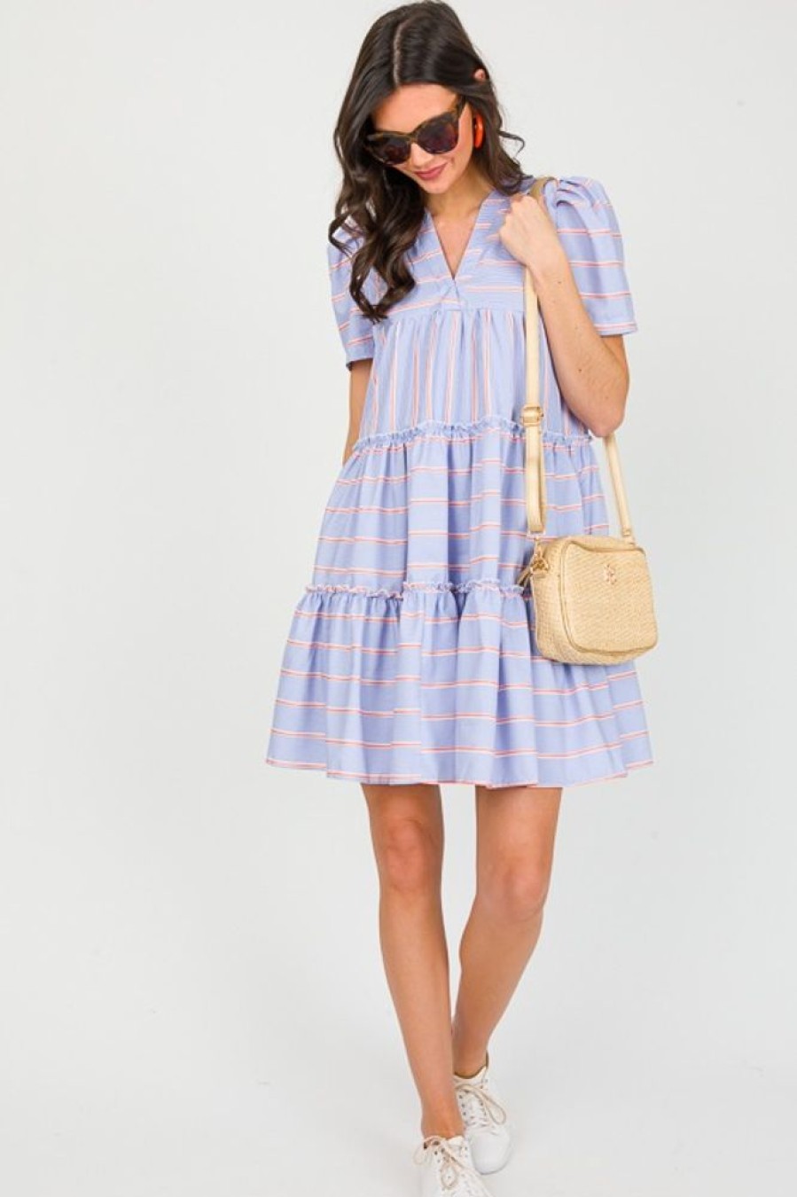 Davi & Dani Dresses W/ Sleeves | Ribbon Contrast Pinstripe Dress