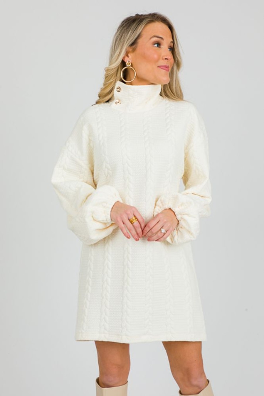 Sundayup White & Ivory | Button Neck Texture Dress, Cream