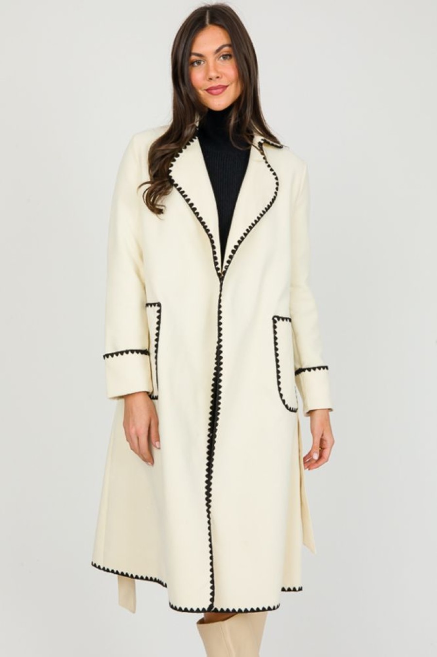 Sundayup Jackets / Coats / Vests / Blazers | Contrast Trim Belted Coat, Off White