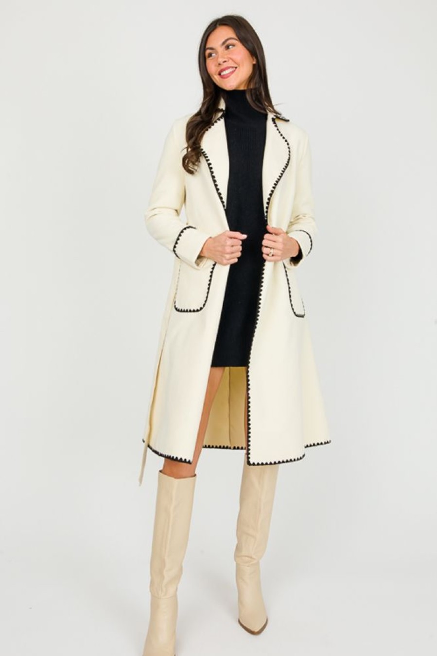 Sundayup Jackets / Coats / Vests / Blazers | Contrast Trim Belted Coat, Off White