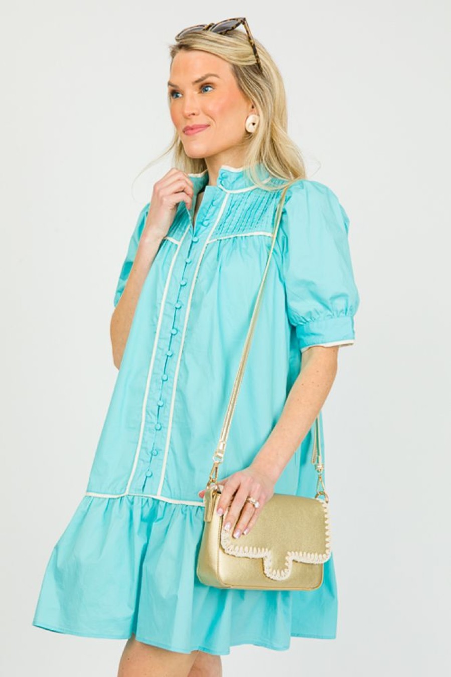 Pretty Follies Dresses W/ Sleeves | Piper Button Dress, Blue