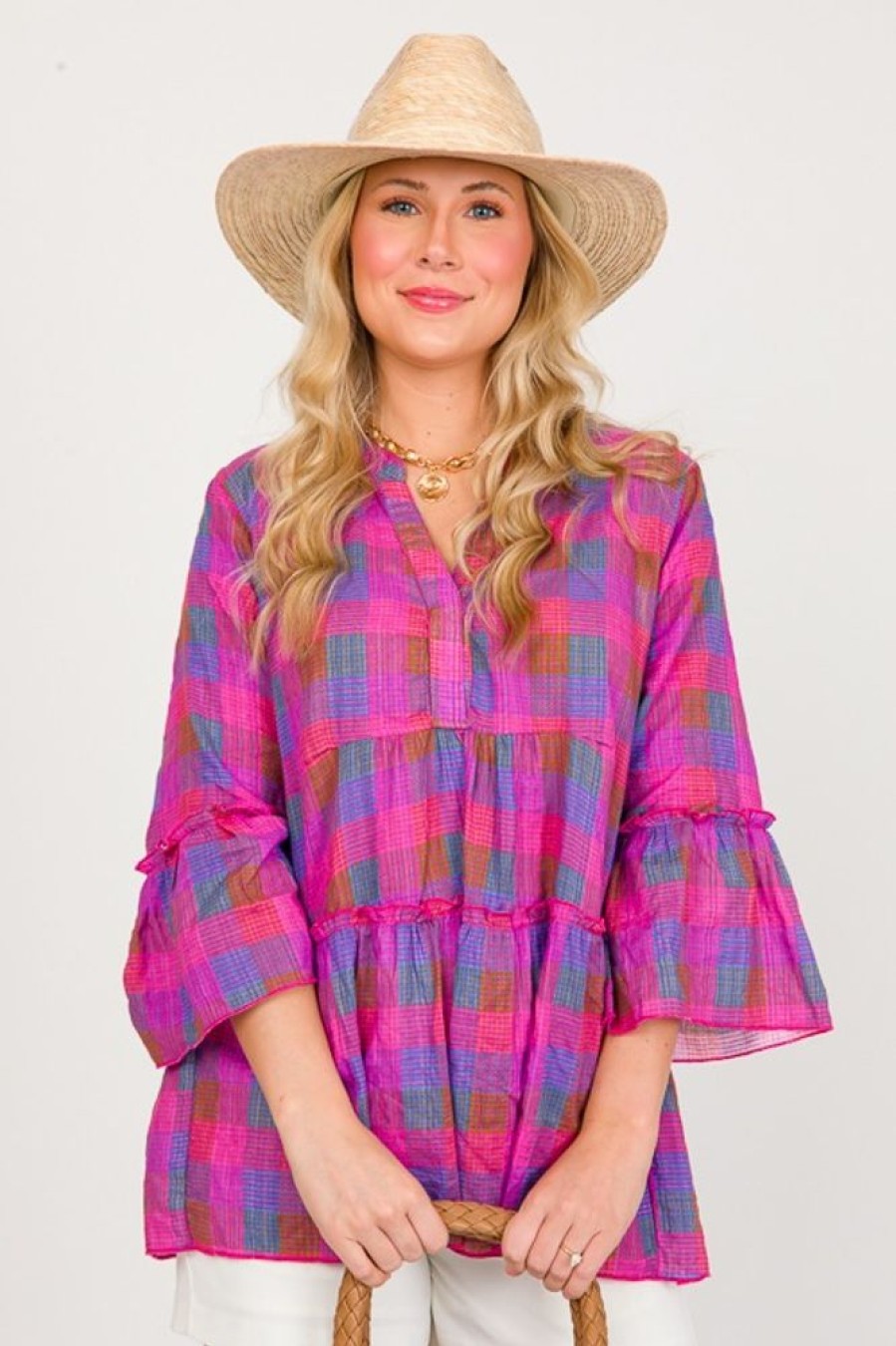 Haptics 3/4 & Long Sleeve | Plaid Checks Babydoll Top, Fuchsia