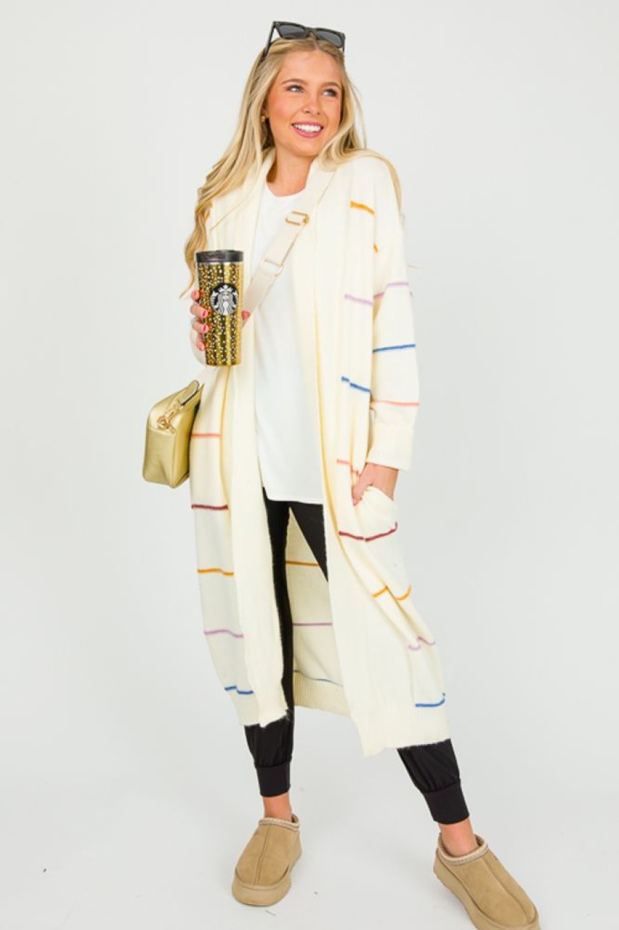 Le Lis 3/4 & Long Sleeve | Multi Stripe Cardigan, Cream Multi