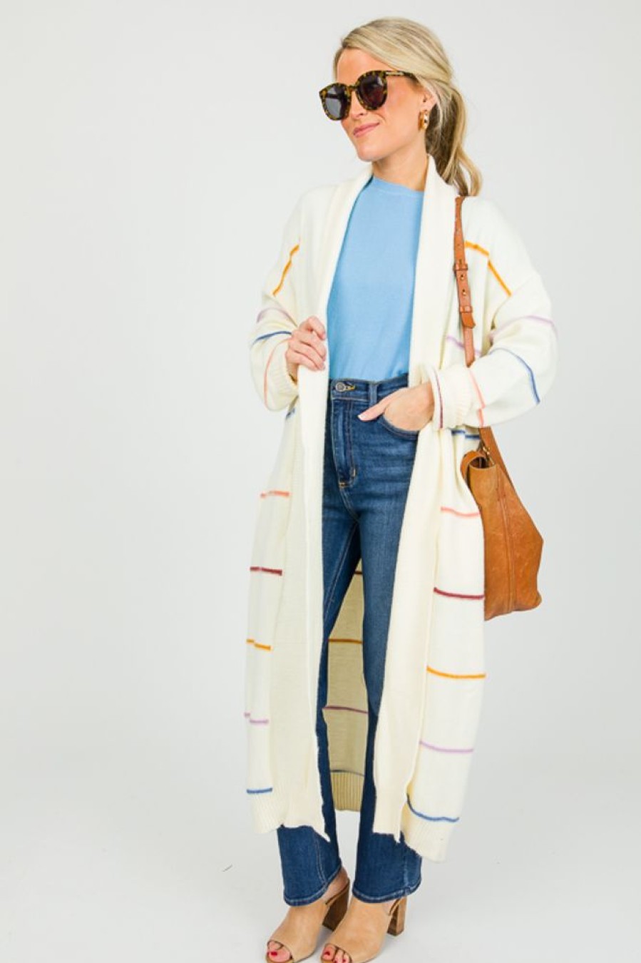 Le Lis 3/4 & Long Sleeve | Multi Stripe Cardigan, Cream Multi