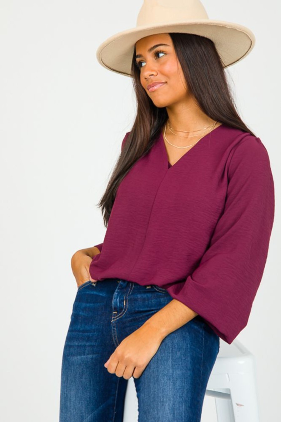 Cotton Bleu 3/4 & Long Sleeve | Mila Blouse, Plum