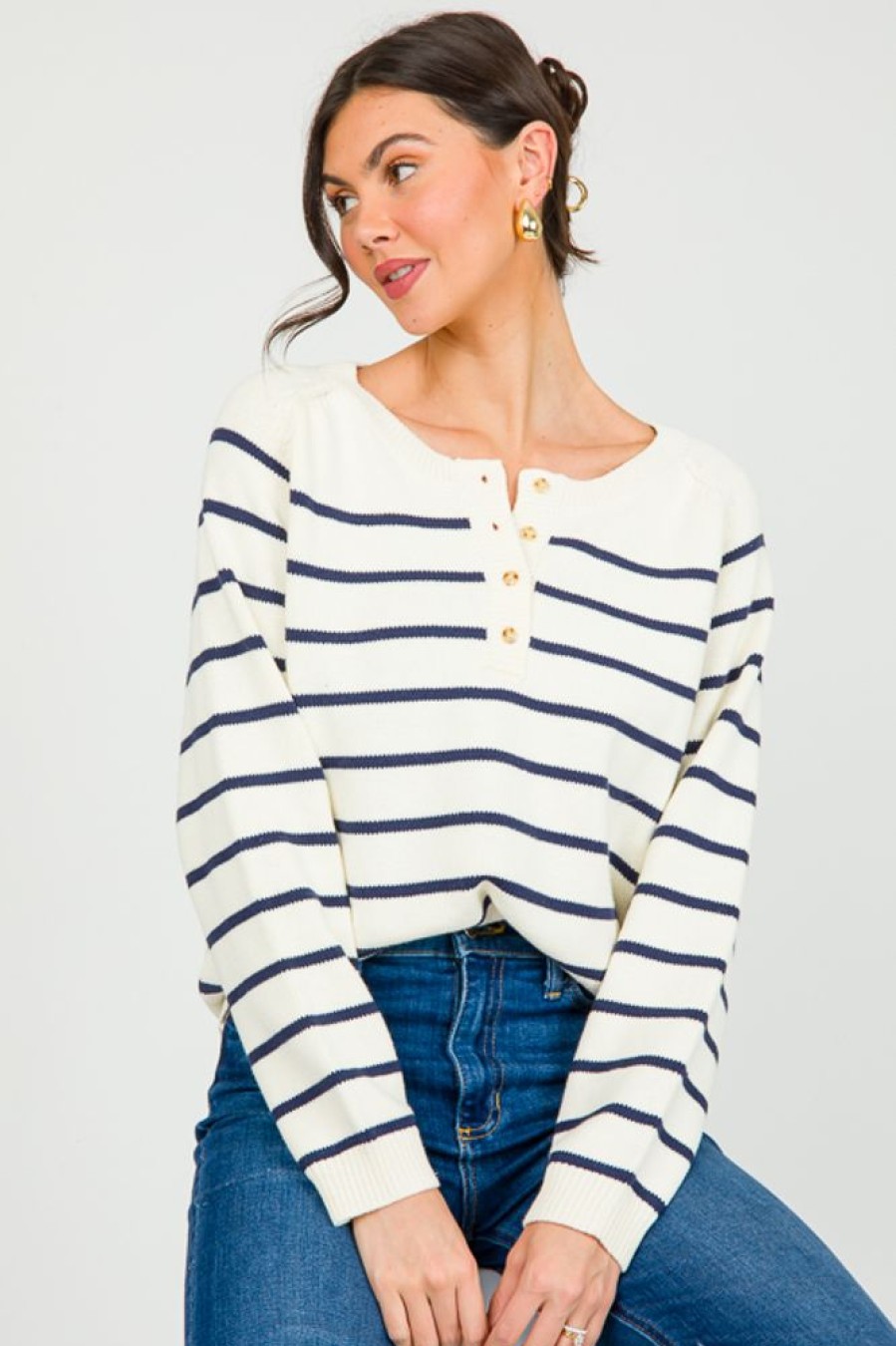 Gilli 3/4 & Long Sleeve | Sammy Stripe Sweater, Cream/Navy