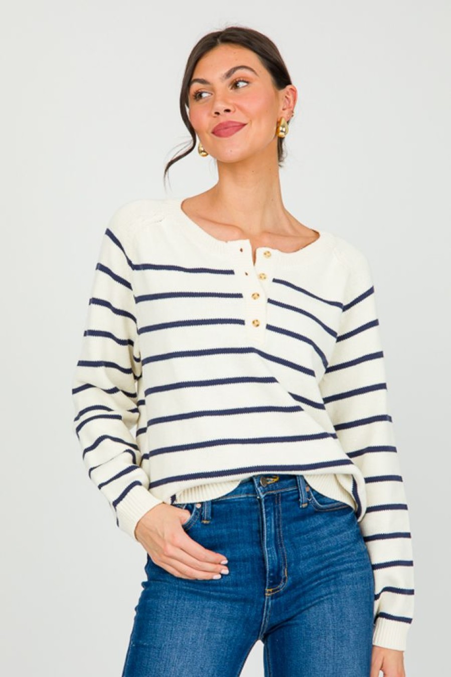 Gilli 3/4 & Long Sleeve | Sammy Stripe Sweater, Cream/Navy