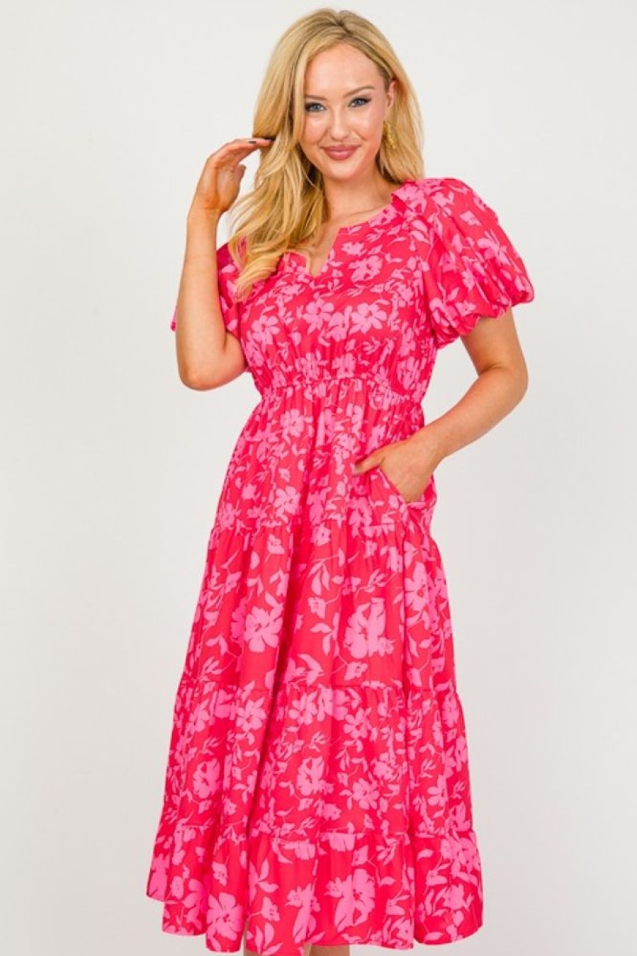 Umgee Maxi & Midi | Notch Neck Floral Midi, Red Mix