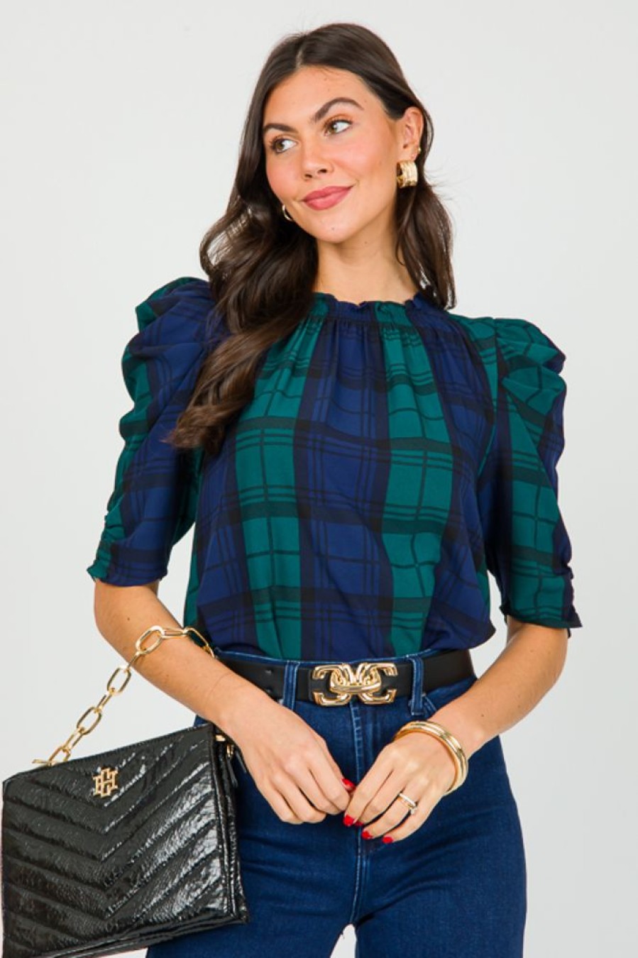 Sugar Lips Short Sleeve & Sleeveless | Hudson Plaid Top, Navy Green