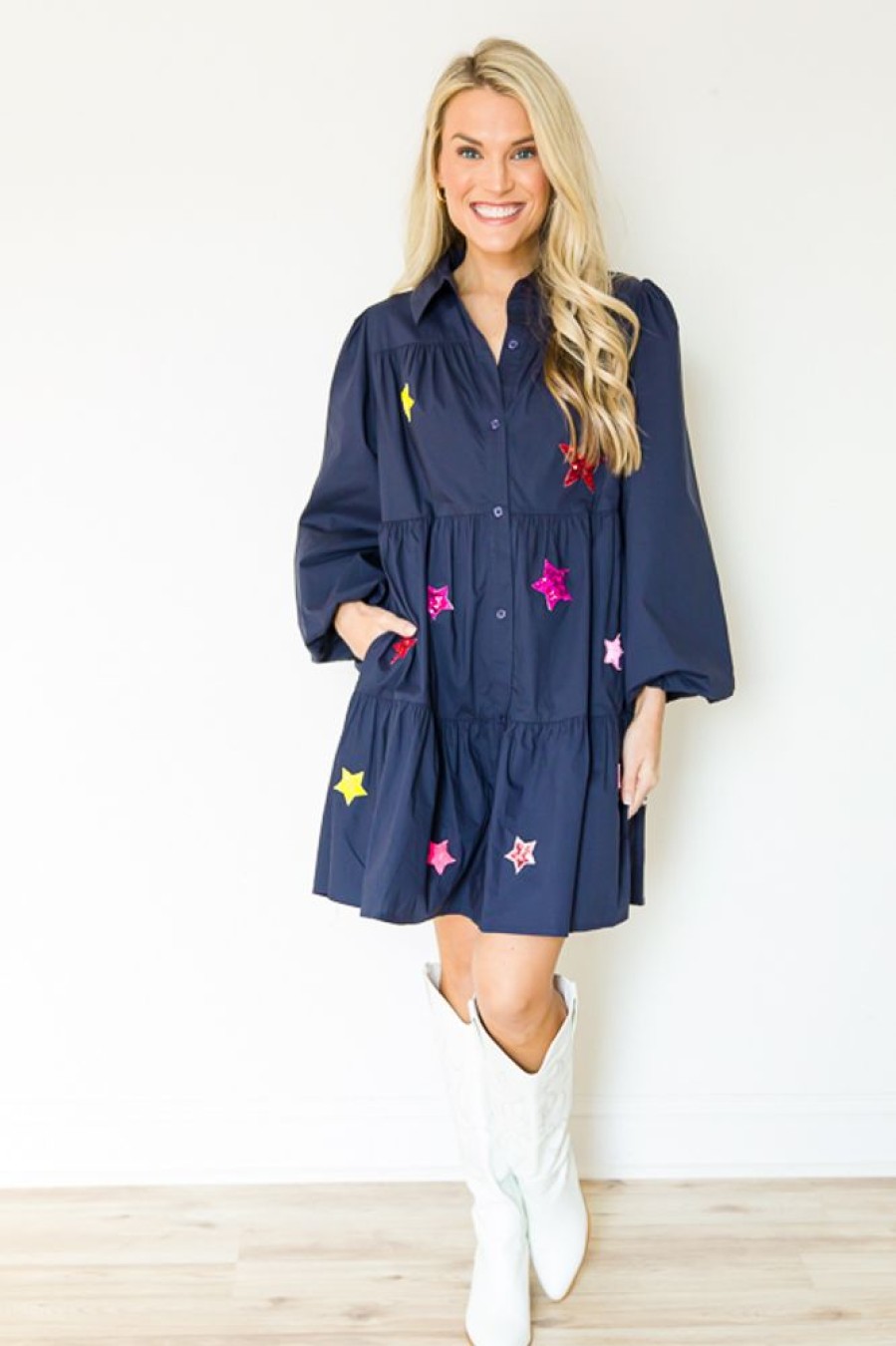 Jodifl Dresses W/ Sleeves | Sequin Stars Shirt Dress, Navy