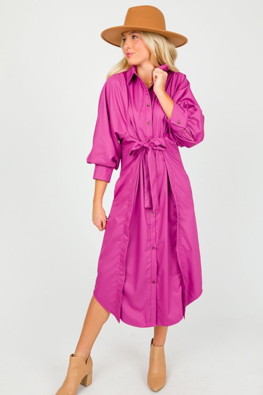 Entro Maxi & Midi | Preppy Button Up Midi, Orchid