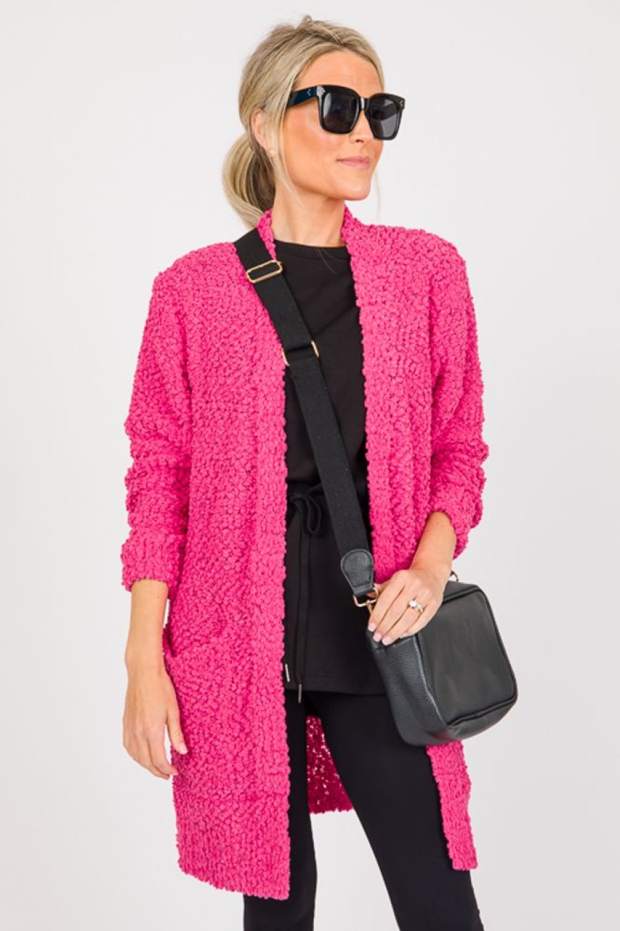 Zenana 3/4 & Long Sleeve | Popcorn Cardigan, Neon Hot Pink