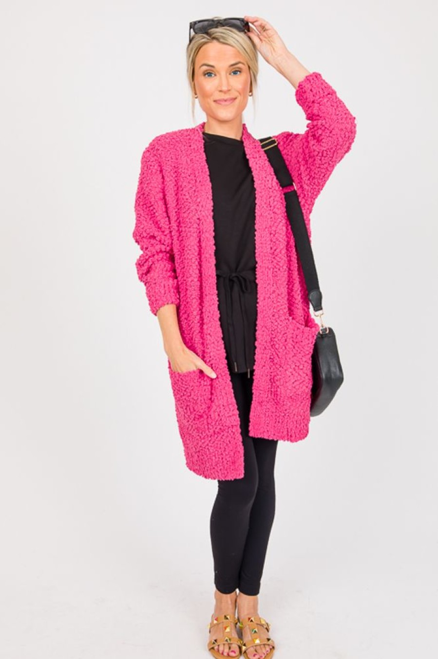 Zenana 3/4 & Long Sleeve | Popcorn Cardigan, Neon Hot Pink