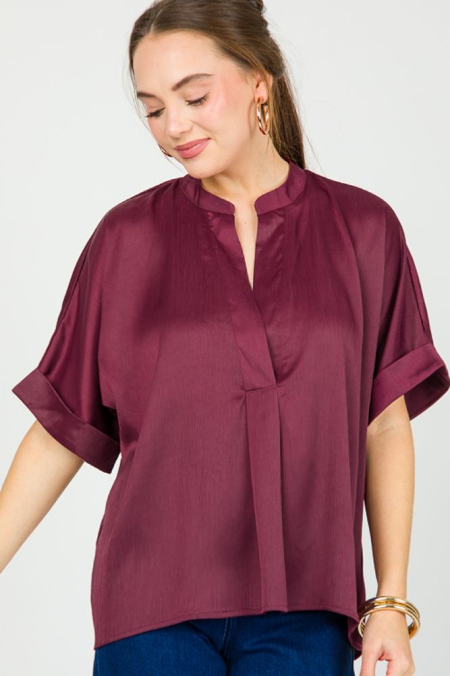 Glam Short Sleeve & Sleeveless | V-Neck Satin Blouse, Burgundy