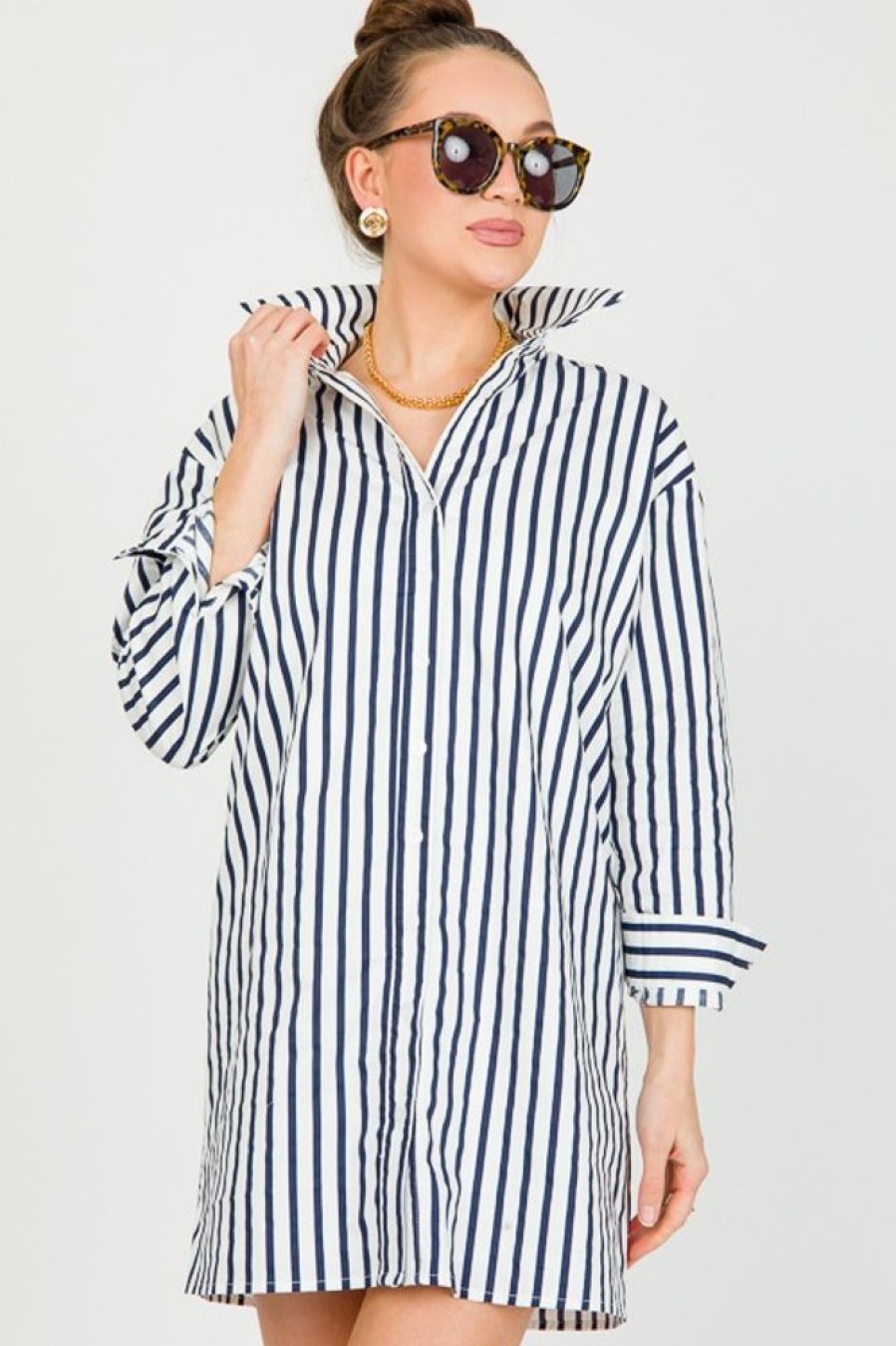 Lalavon Dresses W/ Sleeves | Classic Stripe Shirt Dress, Off White