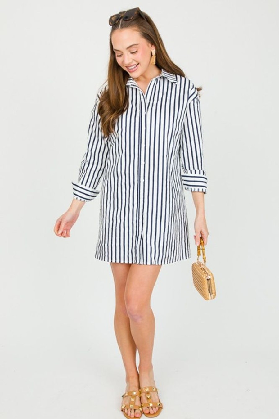 Lalavon Dresses W/ Sleeves | Classic Stripe Shirt Dress, Off White