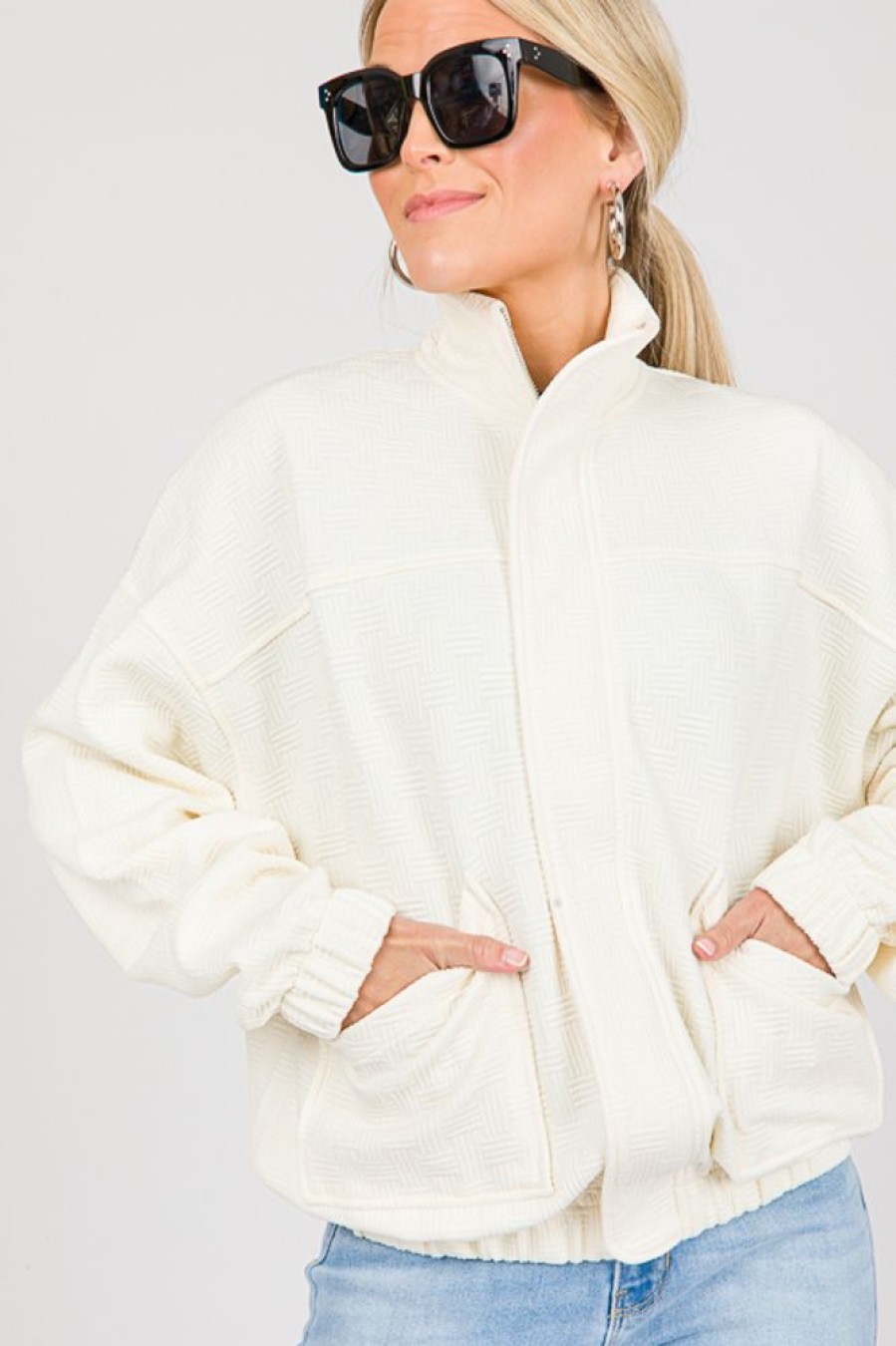 Glam Jackets / Coats / Vests / Blazers | Textured Zip Jacket, Cream