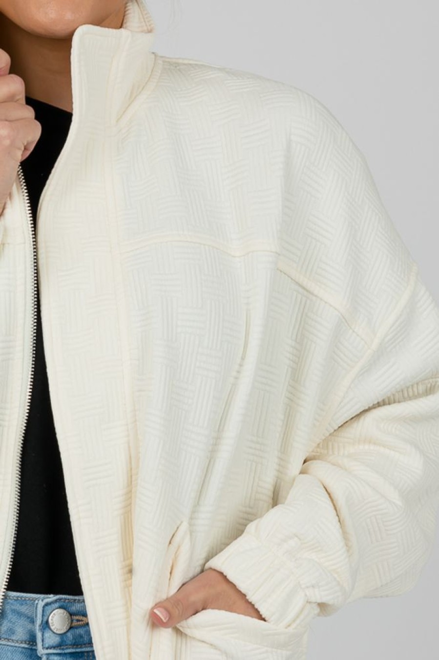 Glam Jackets / Coats / Vests / Blazers | Textured Zip Jacket, Cream