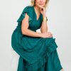 Veveret Maxi & Midi | Ruffle Trim Satin Midi, Hunter