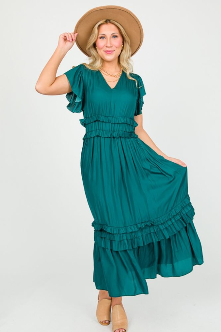 Veveret Maxi & Midi | Ruffle Trim Satin Midi, Hunter