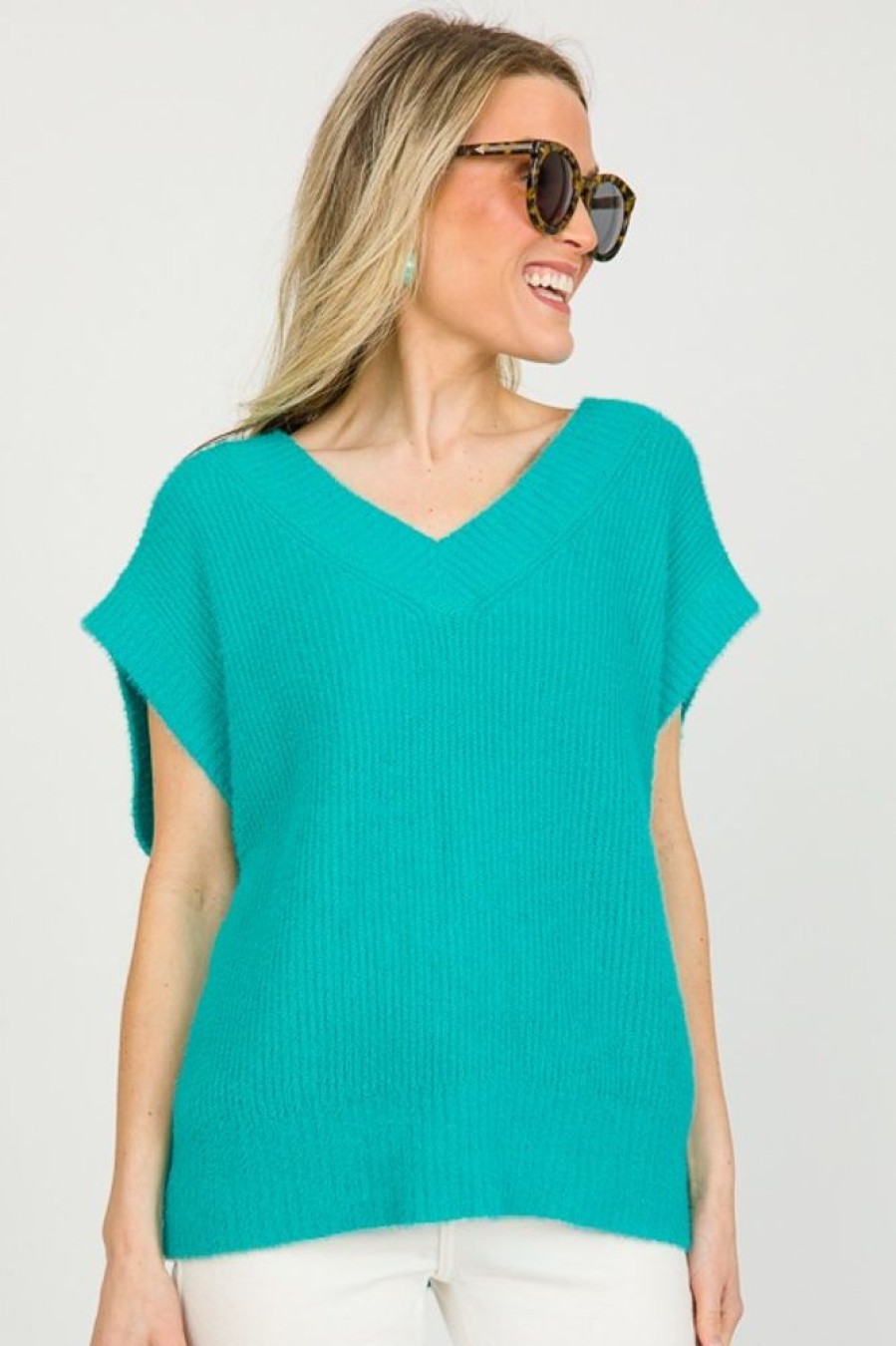 She + Sky Short Sleeve & Sleeveless | V-Neck Fuzzy Sweater Vest, Jade