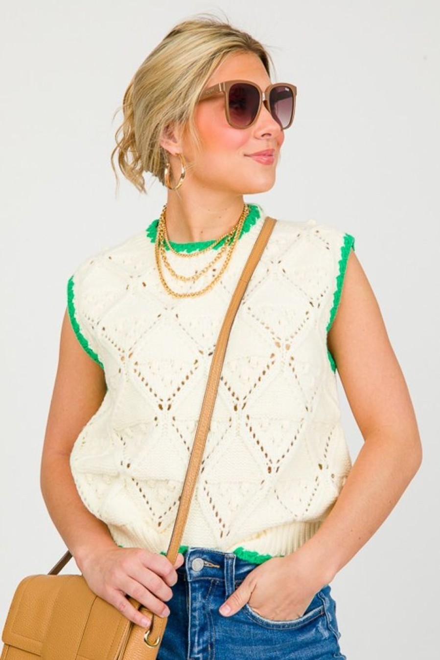 Lumiere Short Sleeve & Sleeveless | Hidden Gem Sweater Vest, Ivory/Green