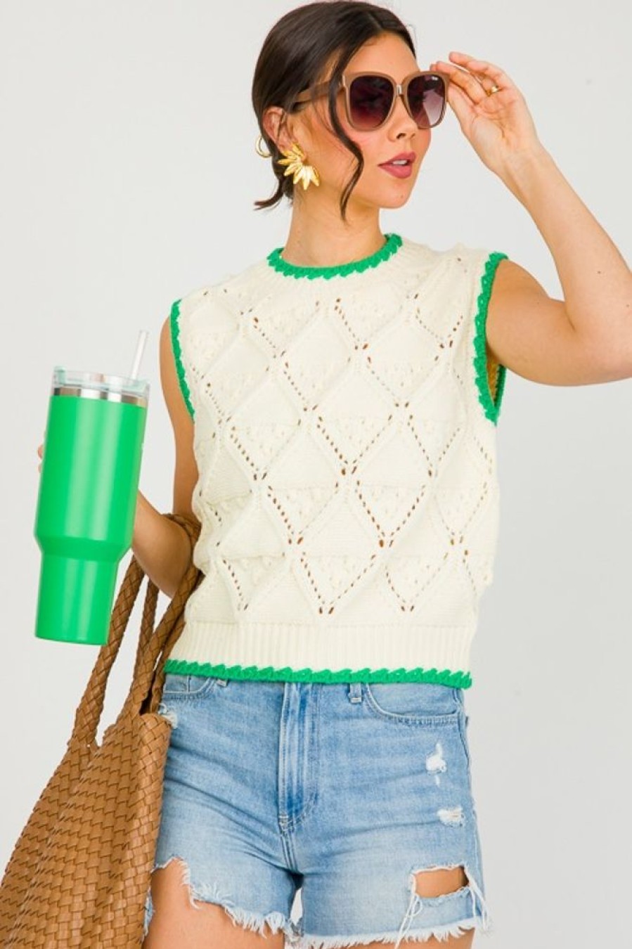 Lumiere Short Sleeve & Sleeveless | Hidden Gem Sweater Vest, Ivory/Green