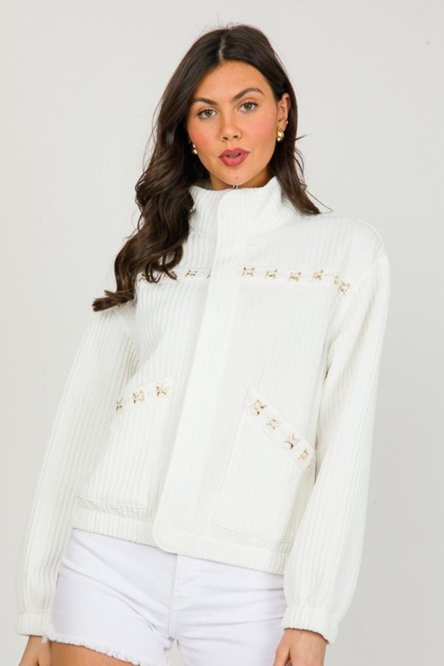 The Greii 3/4 & Long Sleeve | Crochet Metal Trim Jacket, White