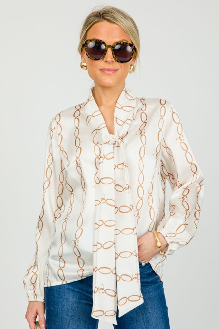 Venti6 3/4 & Long Sleeve | Satin Chain Tie Blouse, White