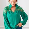 Naked Zebra 3/4 & Long Sleeve | Lace Yoke Blouse, Jewel Green