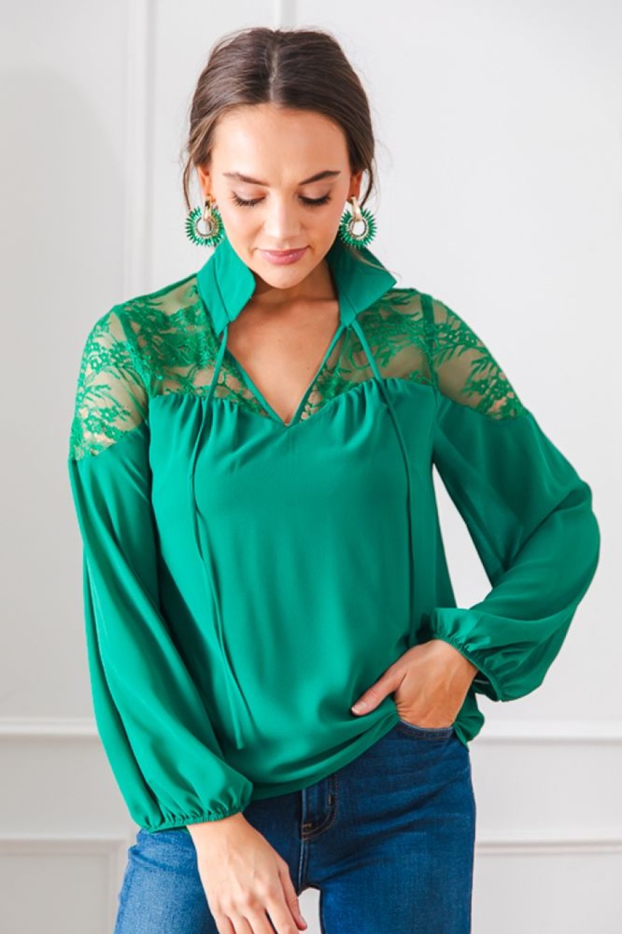 Naked Zebra 3/4 & Long Sleeve | Lace Yoke Blouse, Jewel Green