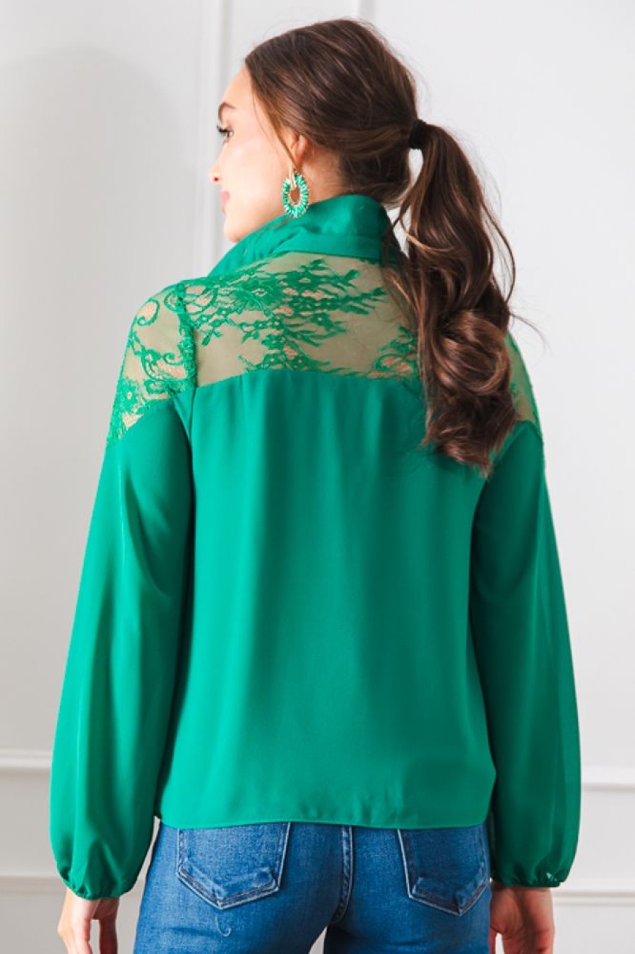 Naked Zebra 3/4 & Long Sleeve | Lace Yoke Blouse, Jewel Green