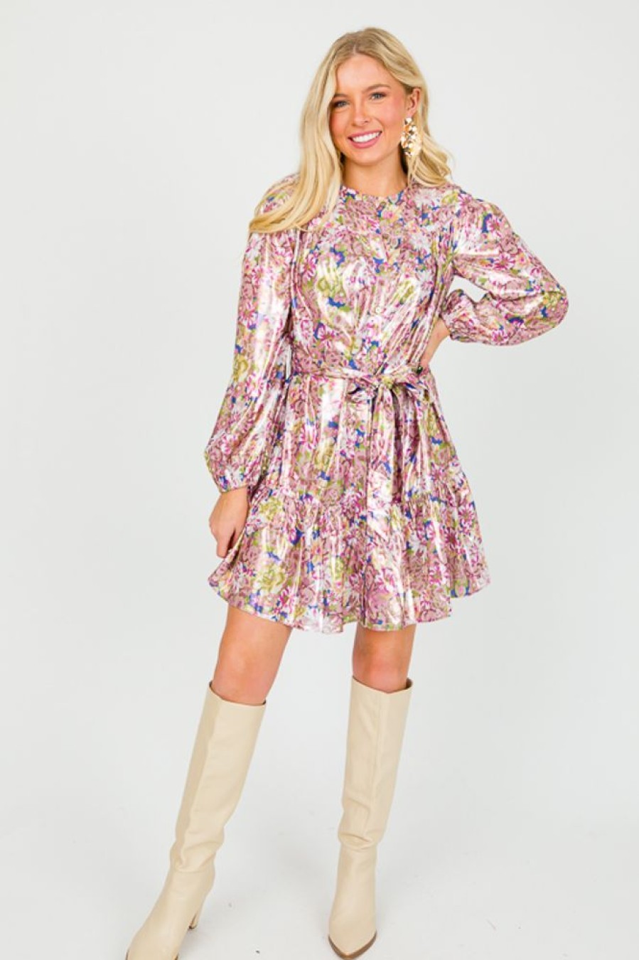 Current Air Dresses W/ Sleeves | Foil Floral Belted Dress