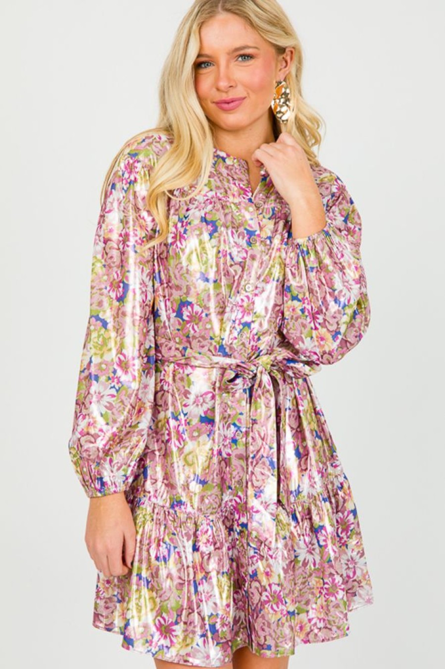 Current Air Dresses W/ Sleeves | Foil Floral Belted Dress