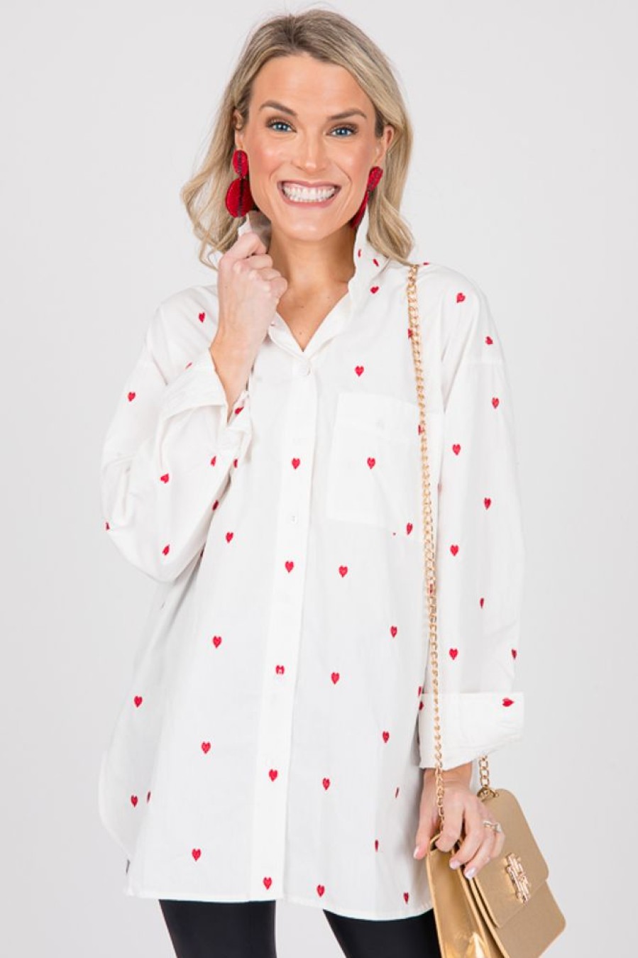 In February 3/4 & Long Sleeve | Heart Embroidery Button Up, Red