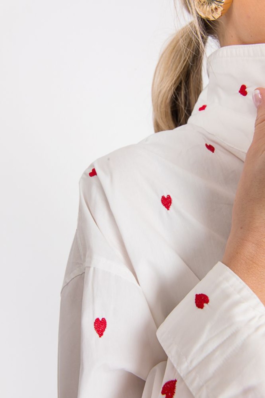 In February 3/4 & Long Sleeve | Heart Embroidery Button Up, Red