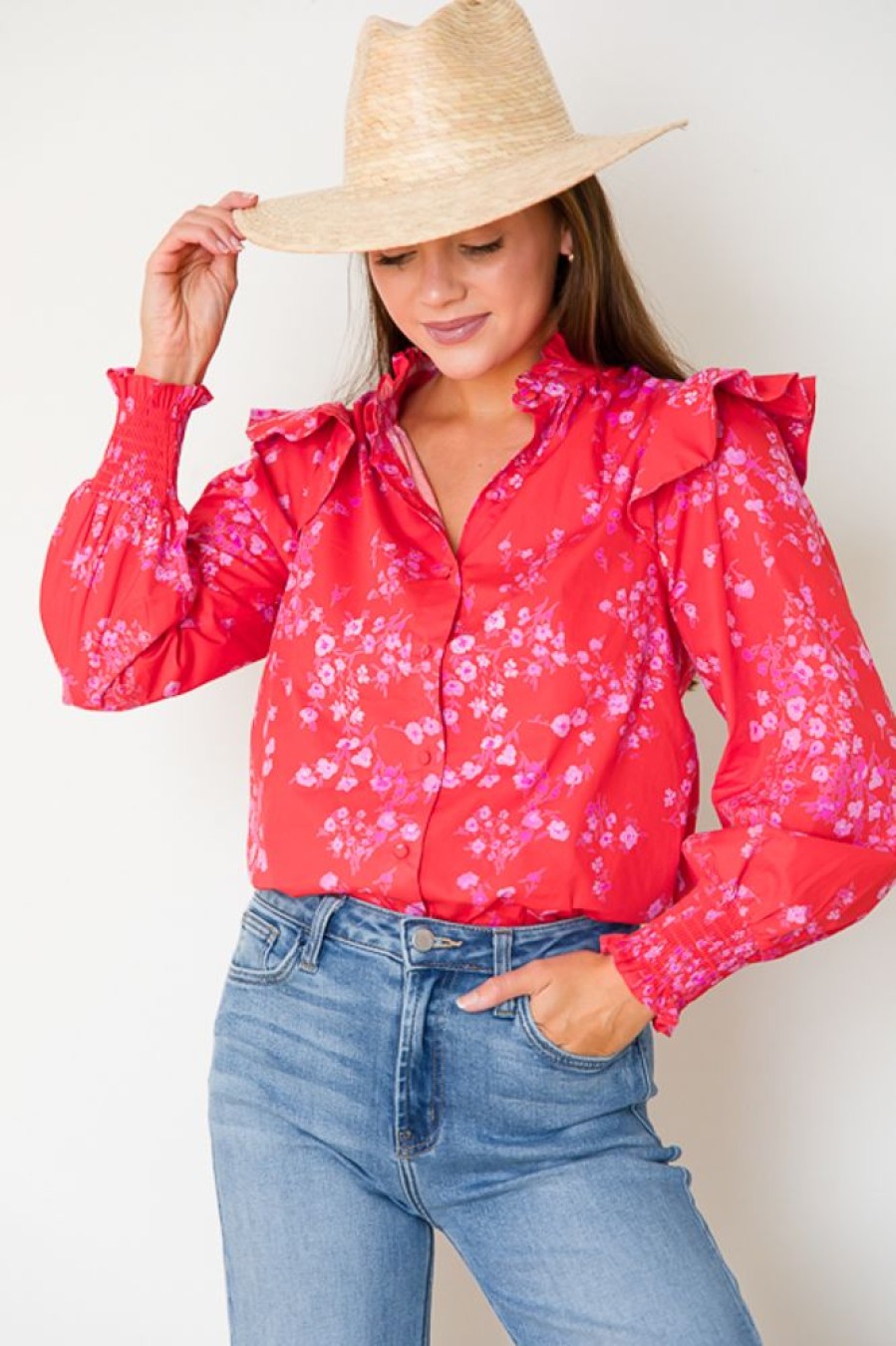 Sugar Lips 3/4 & Long Sleeve | Ibis Floral Top, Red Pink