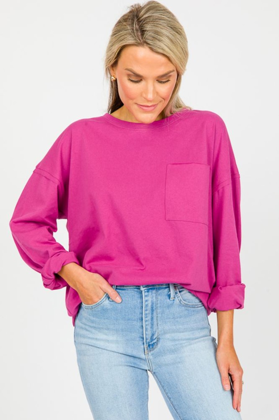 Cotton Bleu 3/4 & Long Sleeve | Casual Pocket Top, Dragon Fruit