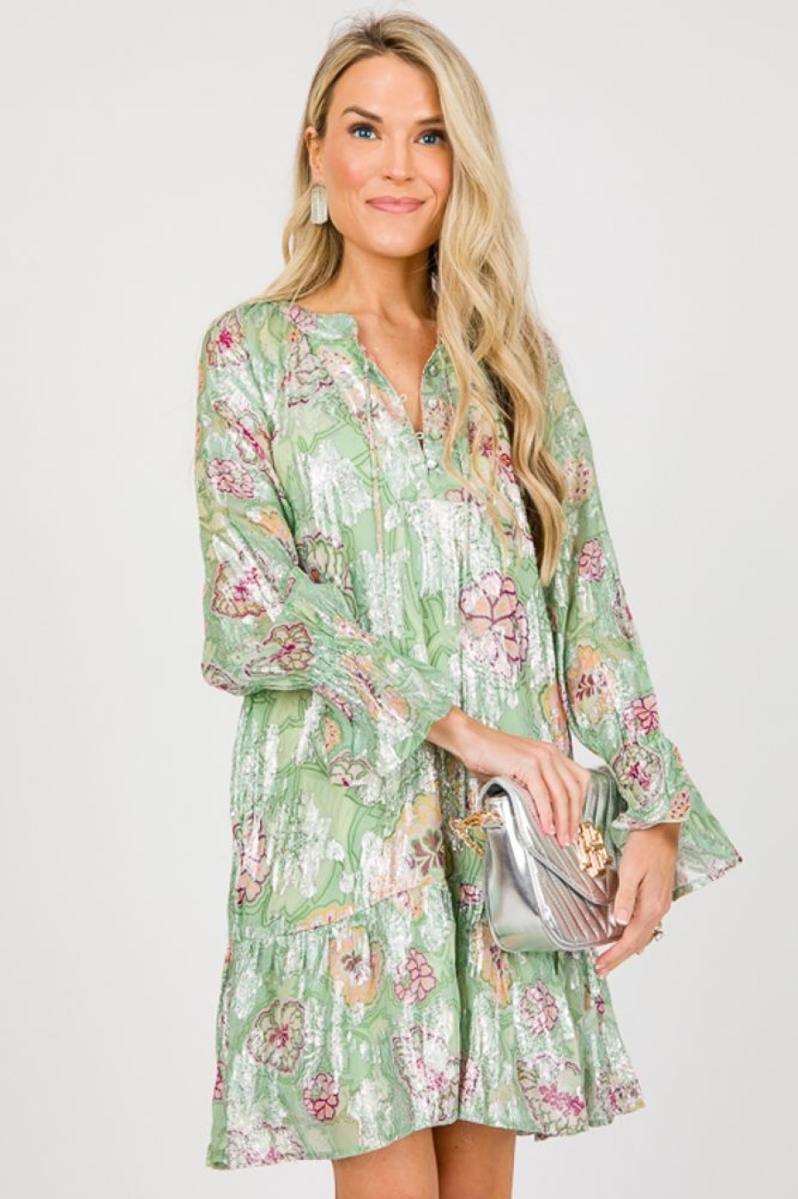 Ciebon Dresses W/ Sleeves | Metallic Pop Floral Dress, Green