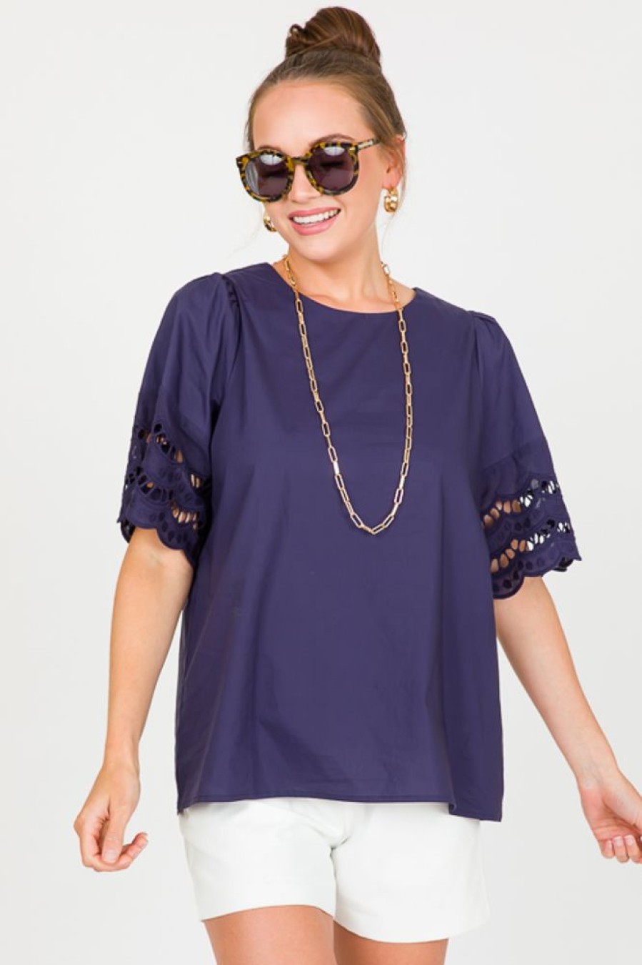 Cotton Bleu Short Sleeve & Sleeveless | Embellished Sleeve Top, Navy