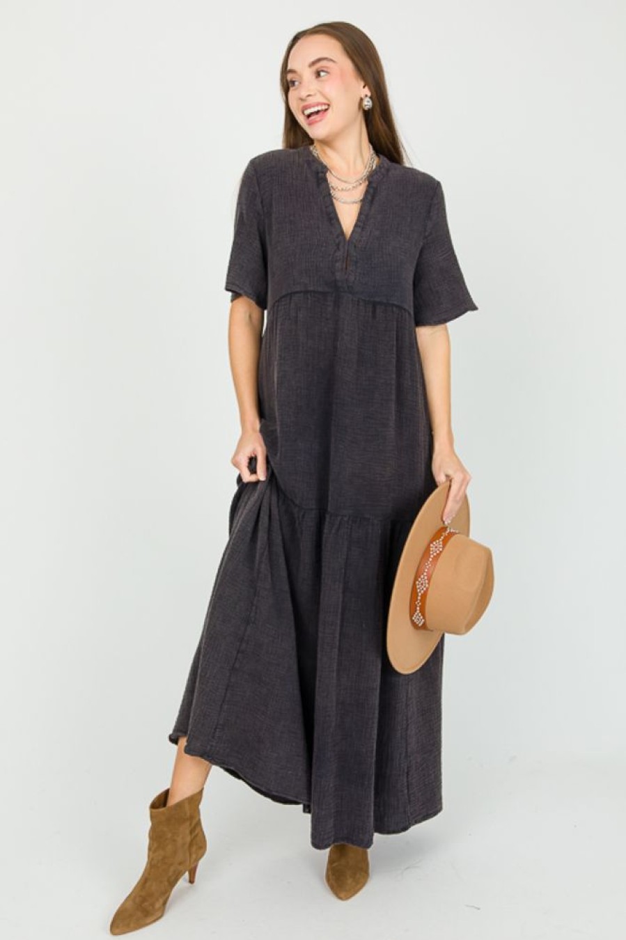 Eesome Maxi & Midi | Mineral Wash Gauze Maxi, Ash Black