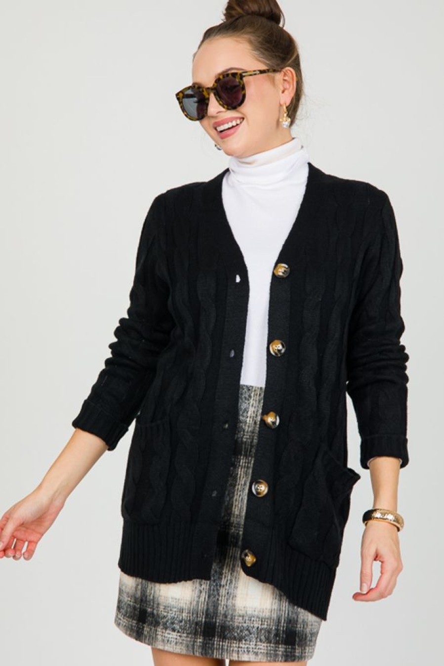 On Blue 3/4 & Long Sleeve | Cable Knit Button Cardi, Black