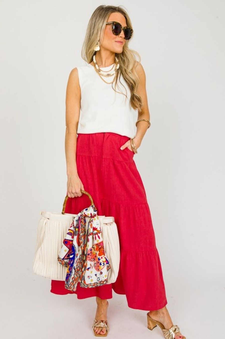 Very J Skirts | Tiered Linen Maxi Skirt, Tomato