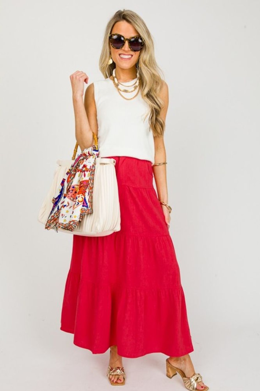 Very J Skirts | Tiered Linen Maxi Skirt, Tomato