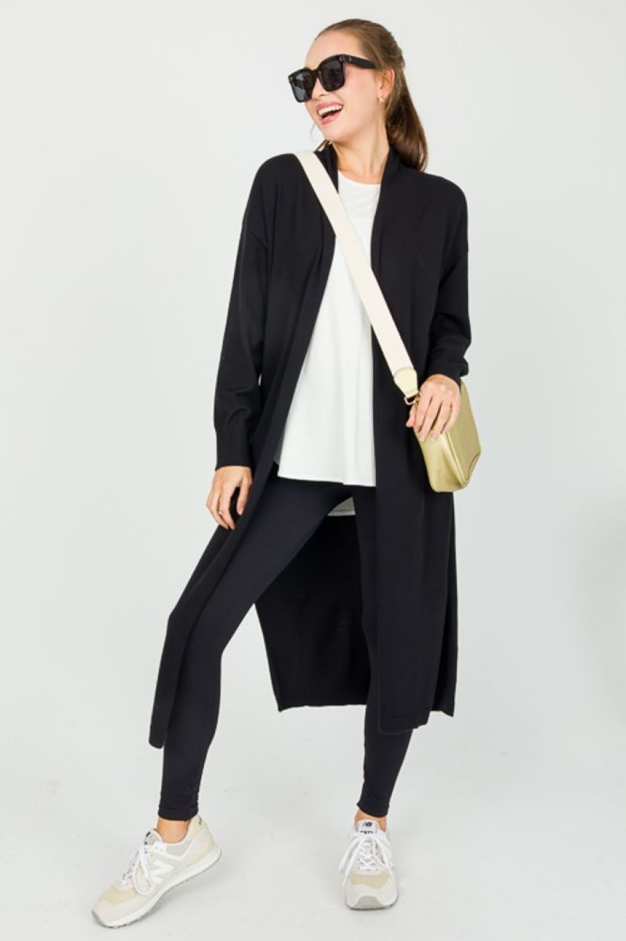 First Love 3/4 & Long Sleeve | Side Pocket Long Cardi, Black