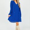 Skies Are Blue Dresses W/ Sleeves | Pleated Print Dress, Cobalt